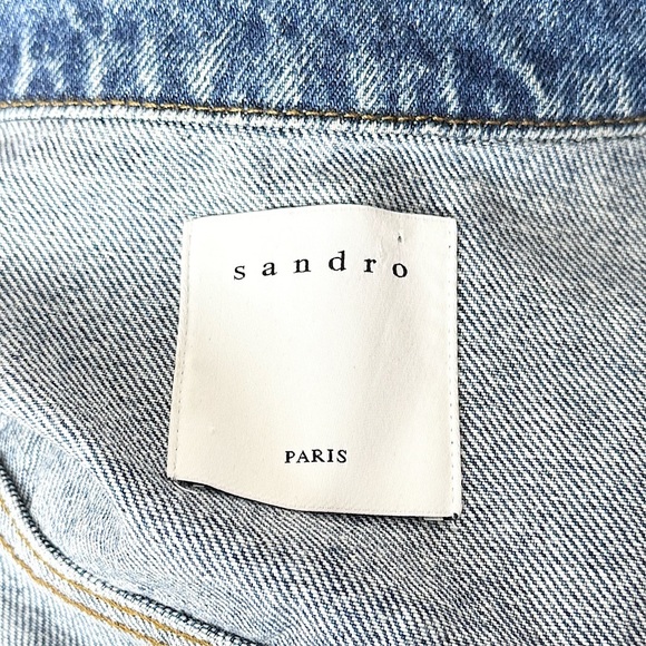 SANDRO Crystal Rhinestone Fringe Collar‎ Oversized Denim Trucker Jean Jacket M - Picture 10 of 15